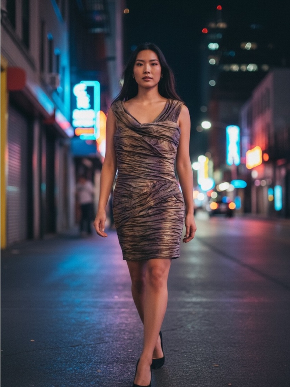 Nicole Miller Brown Marble Ruched Bodycon Mini Dress